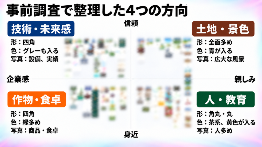技術・未来感、土地・景色、作物・食卓、人・教育の4方向に整理した調査図